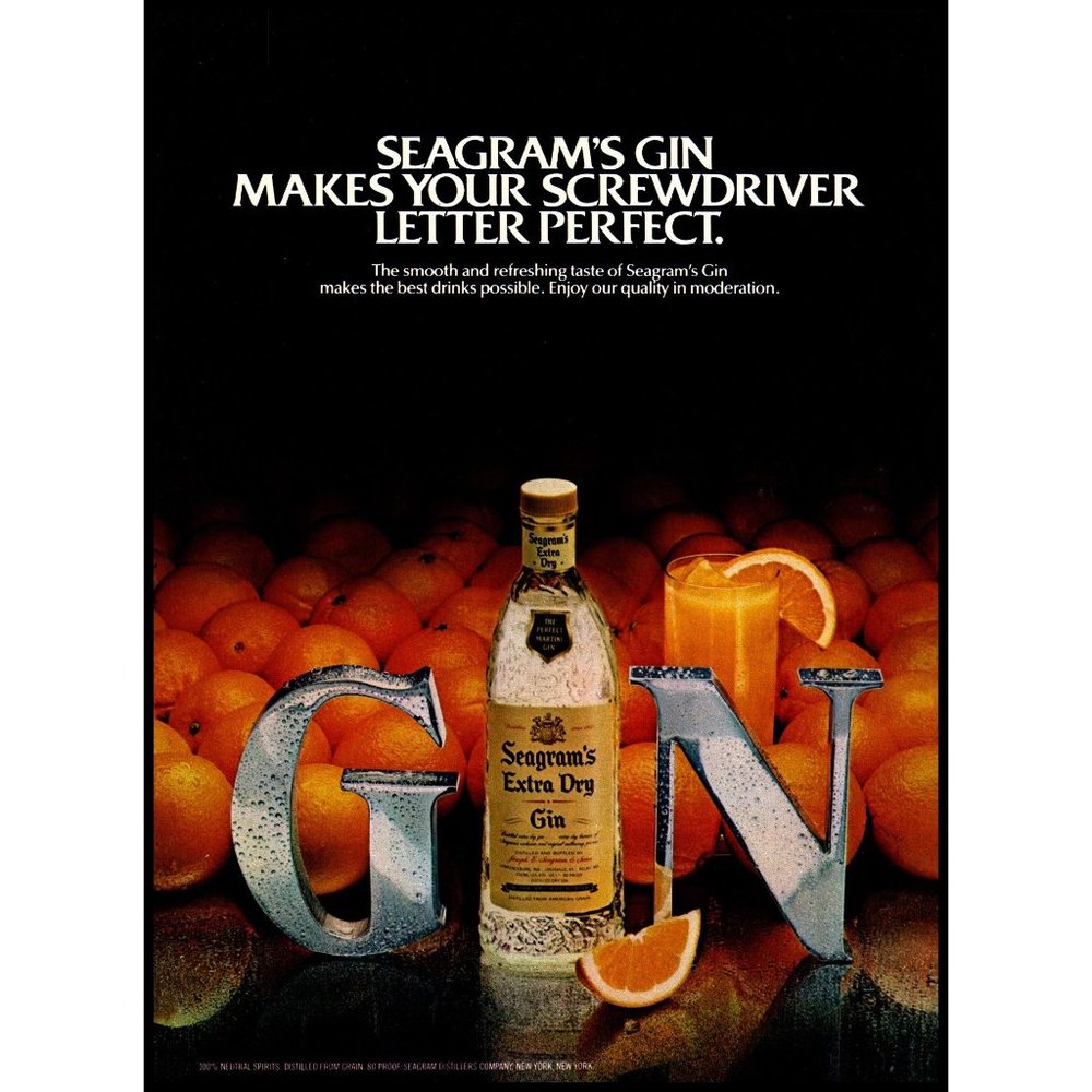 1982 Seagram's Extra Dry Gin Vintage Print Ad Screwdriver Orange Juice Wall Art